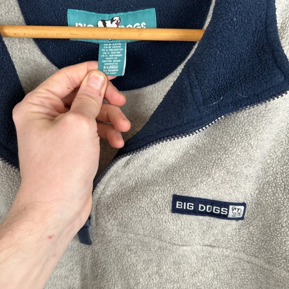 Big Dogs Mens Fleece Quarter Zip Pullover Oatmeal Navy Blue XL RN 64776